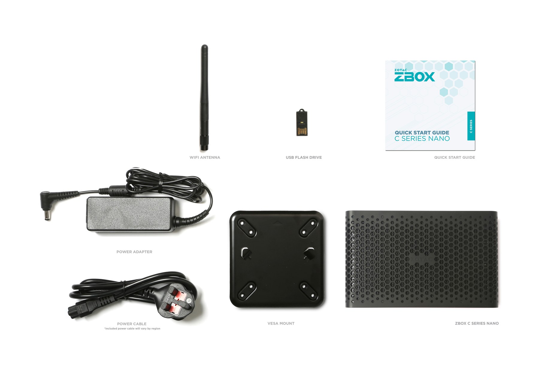 ZBOX CI655 nano の同梱物一式 — 本体、ACアダプター、電源コード、Wi-Fiアンテナ、USBドライブ、クイックスタートガイド、VESAマウントプレート