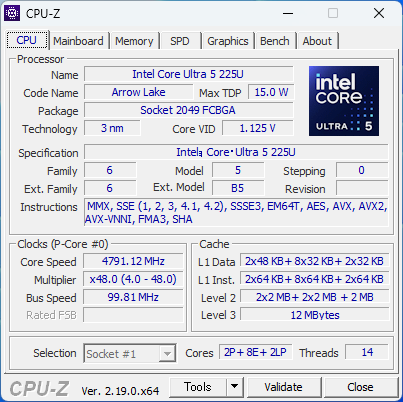 CPU-Z の CPU タブ — Intel Core Ultra 5 225U、Arrow Lake、Max TDP 15.0W、12コア14スレッド（2P+8E+2LP）