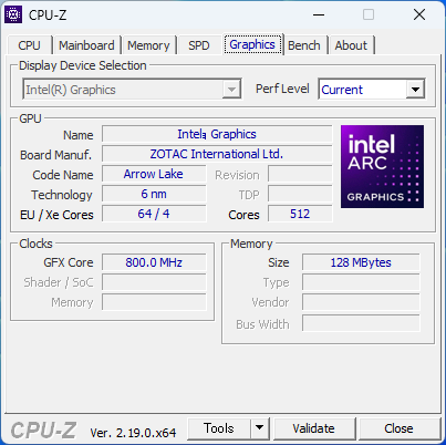 CPU-Z の Graphics タブ — Intel Graphics、64 EU / 4 Xeコア、512 シェーダー