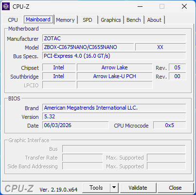 CPU-Z の Mainboard タブ — ZOTAC ZBOX-CI675NANO/CI655NANO、Arrow Lake-U PCH、BIOS 5.32