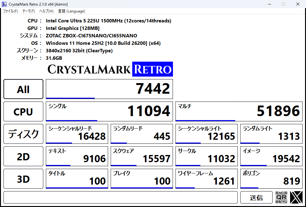CrystalMark Retro 2.1.0 の実行結果画面（代表run）