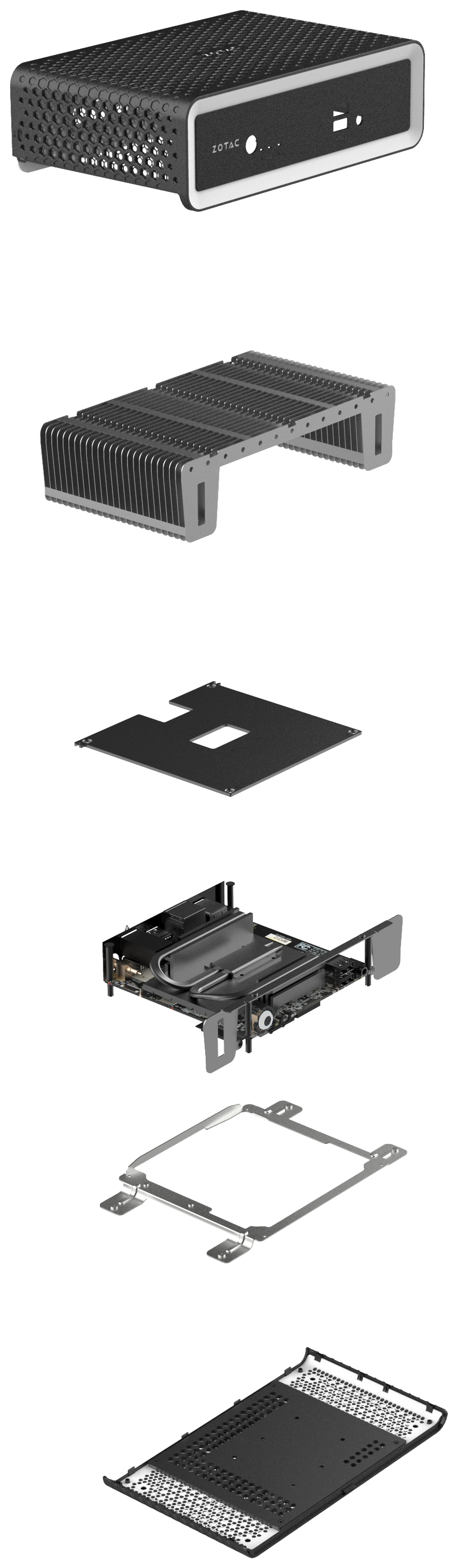 ZBOX CI675 / CI655 nano の分解図 — 外装カバー、放熱フィン、プレート、メインボード、フレーム、底板