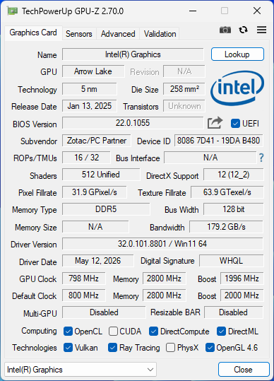 GPU-Z — Intel Graphics、Arrow Lake、ドライバー 32.0.101.8801