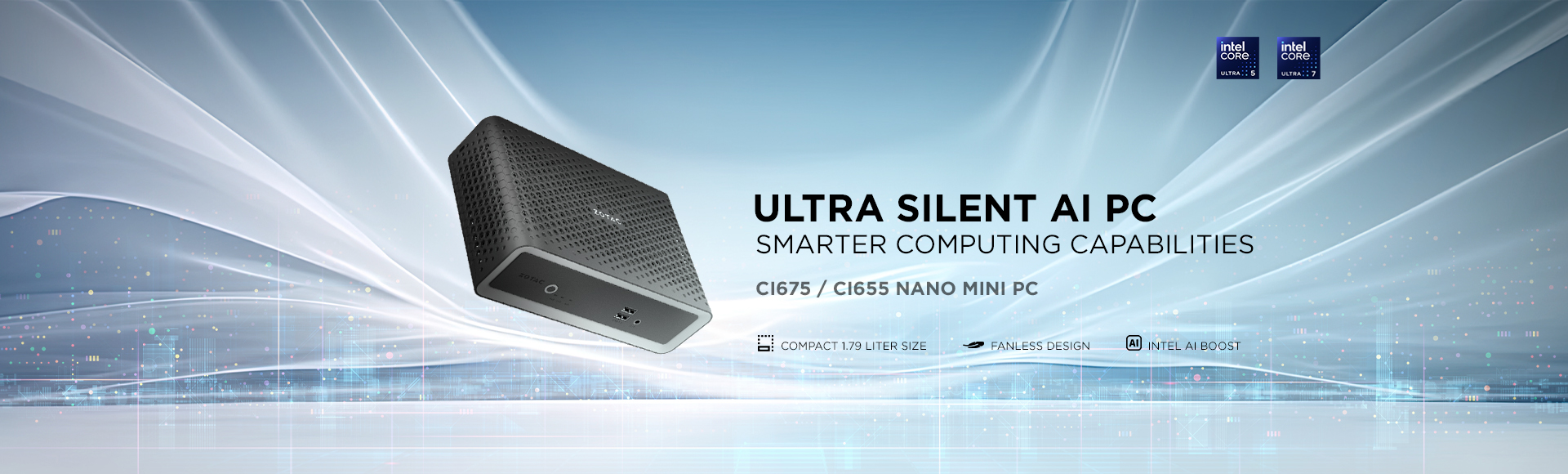 ZOTAC ZBOX CI675 nano / CI655 nano キービジュアル — ハニカム状の天面を持つファンレスミニPC