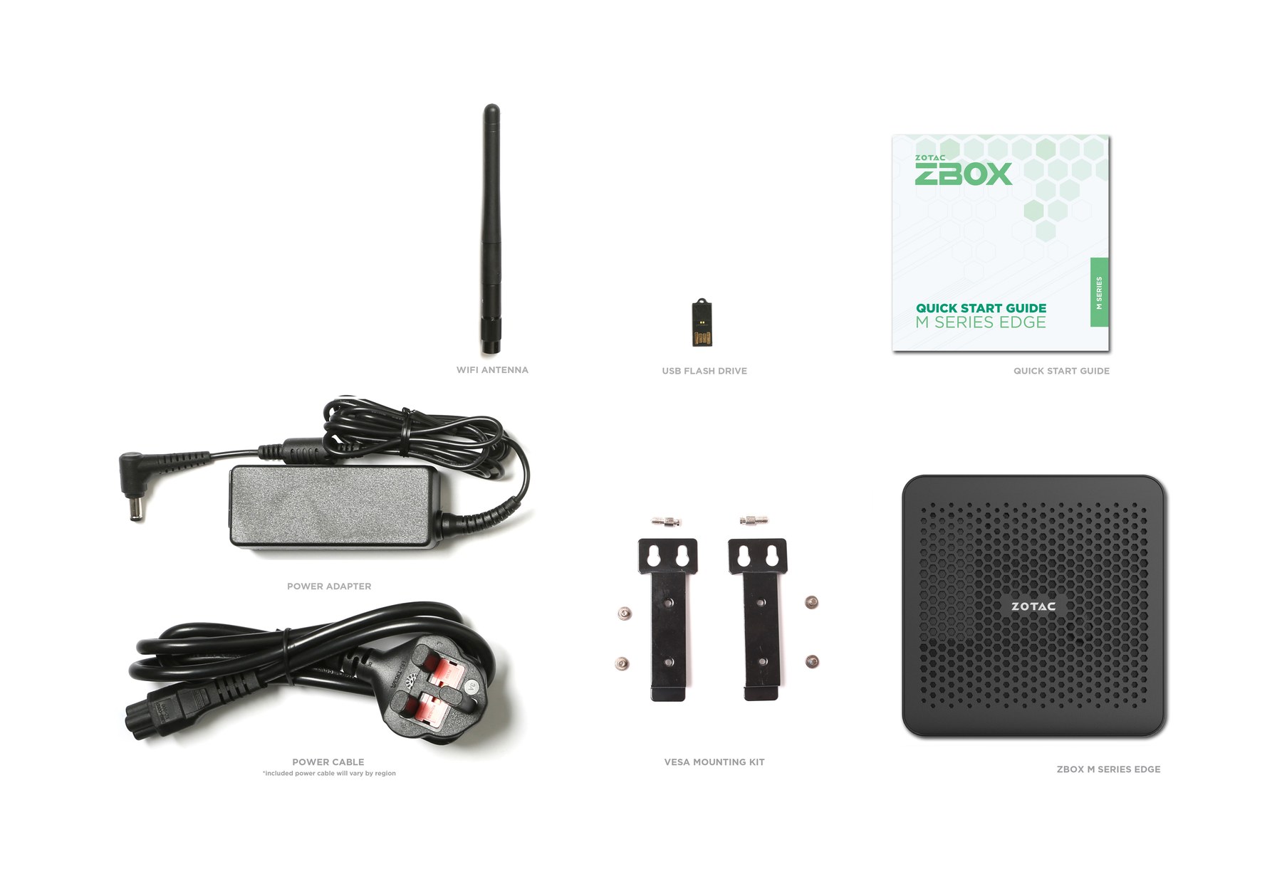 ZBOX edge MI676 / MI656 の同梱物一式 — 本体、ACアダプター、電源コード、Wi-Fiアンテナ、USBフラッシュドライブ、クイックスタートガイド、VESAマウントブラケット