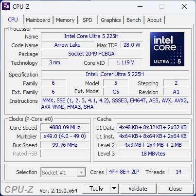CPU-Z の CPU タブ（MI656）— Intel Core Ultra 5 225H、Arrow Lake、14コア14スレッド（4P+8E+2LP）