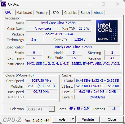 CPU-Z の CPU タブ（MI676）— Intel Core Ultra 7 255H、Arrow Lake、16コア16スレッド（6P+8E+2LP）