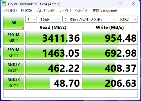CrystalDiskMark 9.0.3 の実行結果画面（MI676・run1）