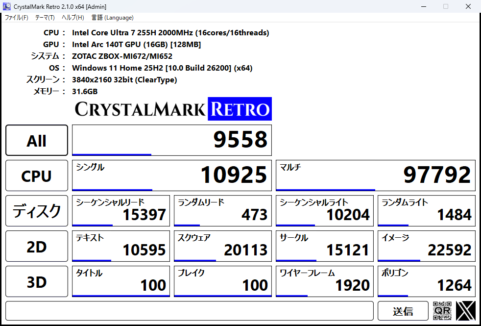 CrystalMark Retro 2.1.0 の実行結果画面（MI676・代表run）