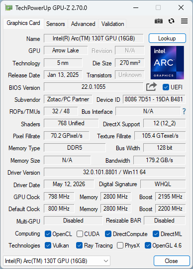 GPU-Z（MI656）— Intel Arc 130T GPU、ドライバー 32.0.101.8801