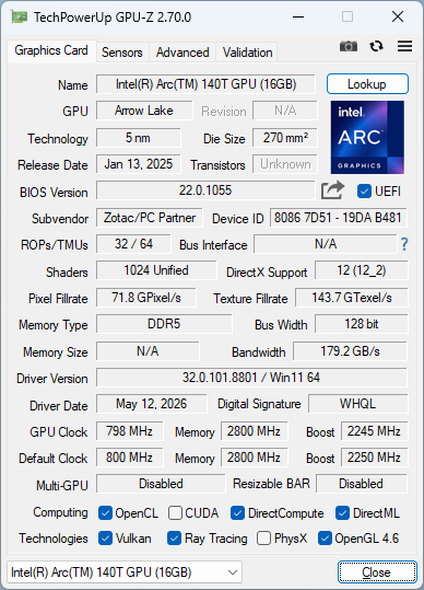 GPU-Z（MI676）— Intel Arc 140T GPU、ドライバー 32.0.101.8801