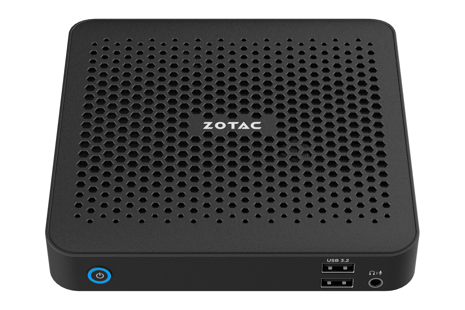 ZBOX edge MI676 / MI656 の外観 — ハニカム開口の天面と前面の電源ボタンを持つ薄型正方形の筐体