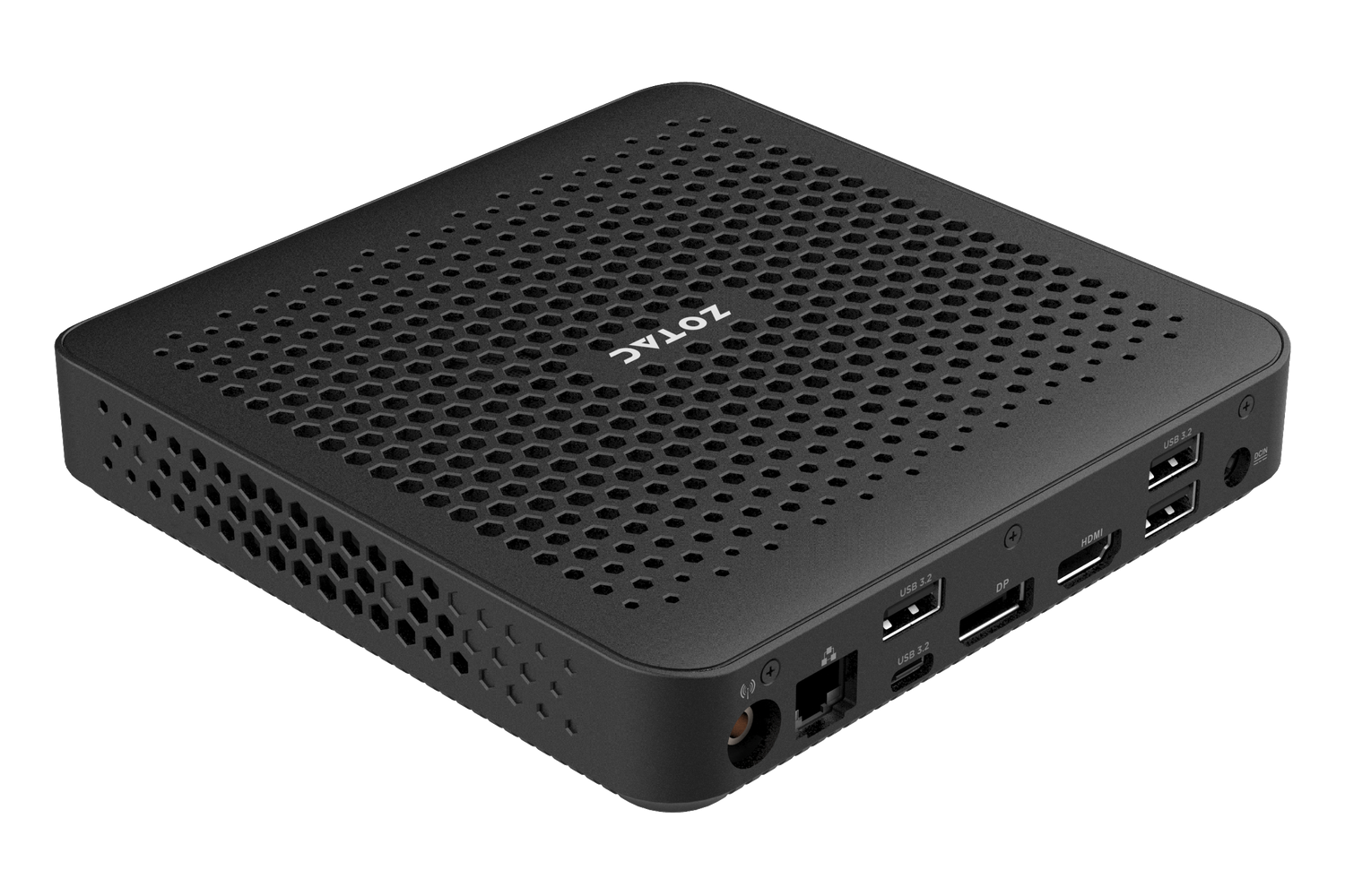 ZBOX edge MI676 / MI656 の背面斜め — 背面インターフェースと側面の通気開口