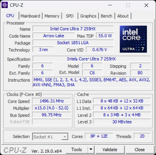 CPU-Z メイン画面: Intel Core Ultra 7 255HX / Arrow Lake / 8P+12E 20スレッド