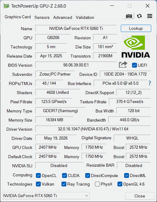 GPU-Z メイン画面: GeForce RTX 5060 Ti / GB206 / 16GB GDDR7 / 128bit / Boost 2572MHz