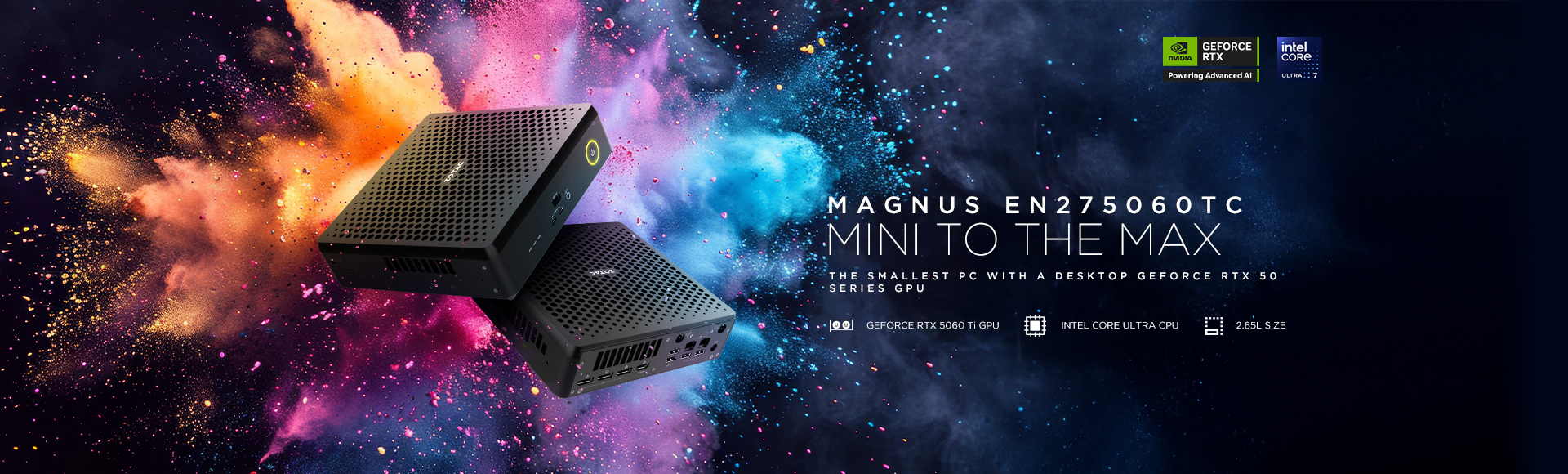 ZOTAC ZBOX MAGNUS EN275060TC ミニPC キービジュアル — MINI TO THE MAX / デスクトップ版 GeForce RTX 5060 Ti を搭載する 2.65L のミニPC