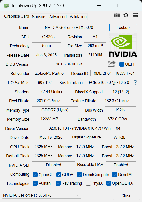 GPU-Z メイン画面: GeForce RTX 5070 / GB205 / 12288MB GDDR7 / 192bit / Boost 2512MHz / PCIe 5.0 x16