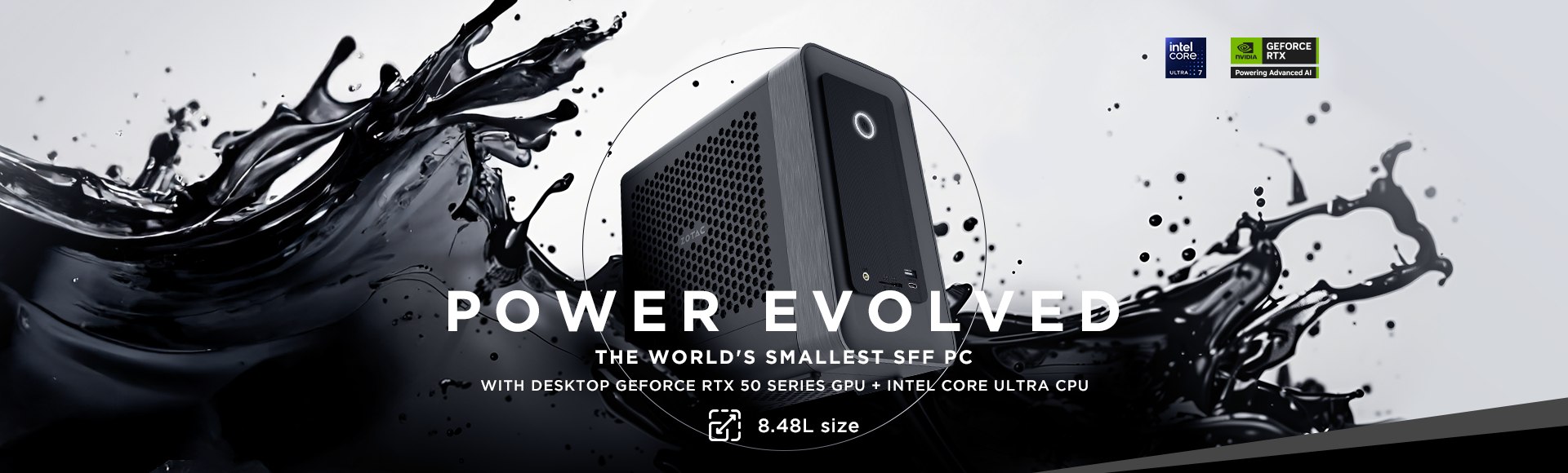 ZOTAC ZBOX MAGNUS ONE EU275070C 公式キービジュアル — POWER EVOLVED / THE WORLD'S SMALLEST SFF PC / デスクトップ GeForce RTX 5070 と Core Ultra 7 265 を収めた 8.48L ミニPC