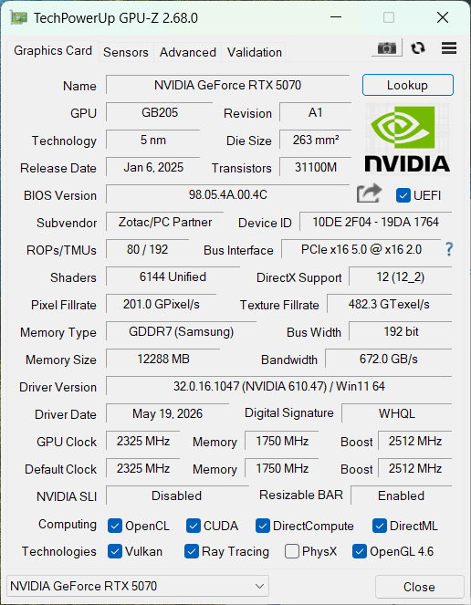 GPU-Z メイン画面: GeForce RTX 5070 / GB205 / 12288MB GDDR7 / 192bit / Boost 2512MHz / PCIe 5.0 x16