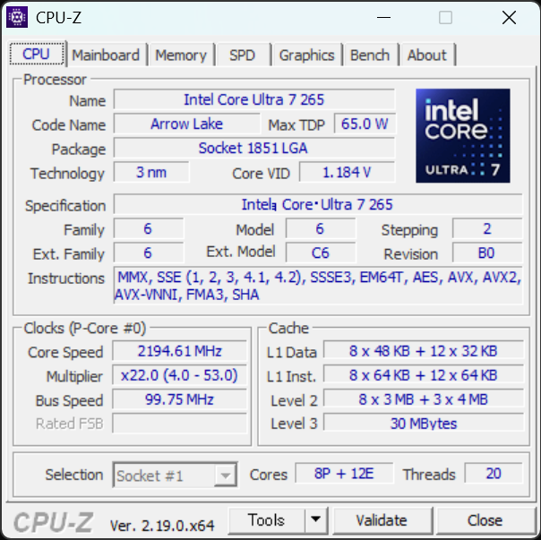 CPU-Z メイン画面: Intel Core Ultra 7 265 / Arrow Lake / Socket 1851 LGA / 8P+12E 20スレッド