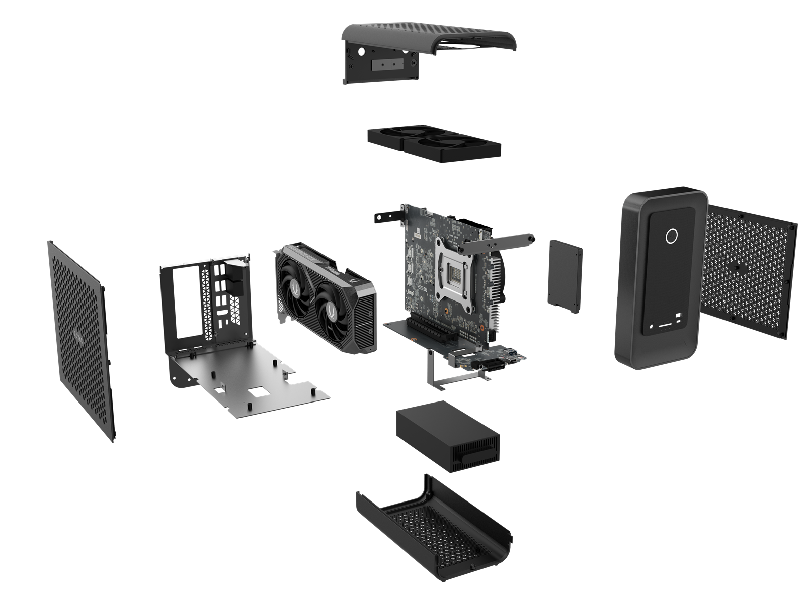 ZOTAC ZBOX MAGNUS ONE 分解図 — 天板ハニカムカバー / ファン / デスクトップGPUカード＋マザーボード / メッシュ側板 / 内蔵電源 / 底面トレイ