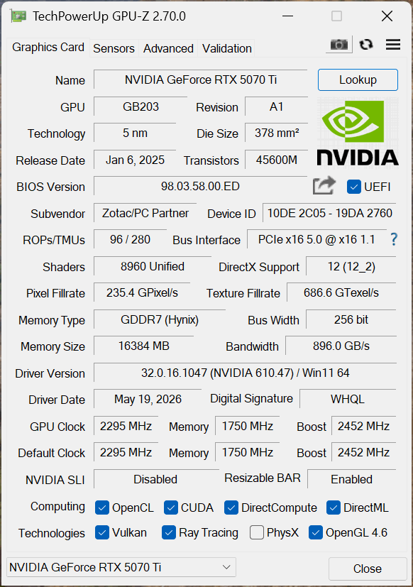 GPU-Z メイン画面: GeForce RTX 5070 Ti / GB203 / 16384MB GDDR7 / 256bit / 8960 CUDA / PCIe 5.0 x16