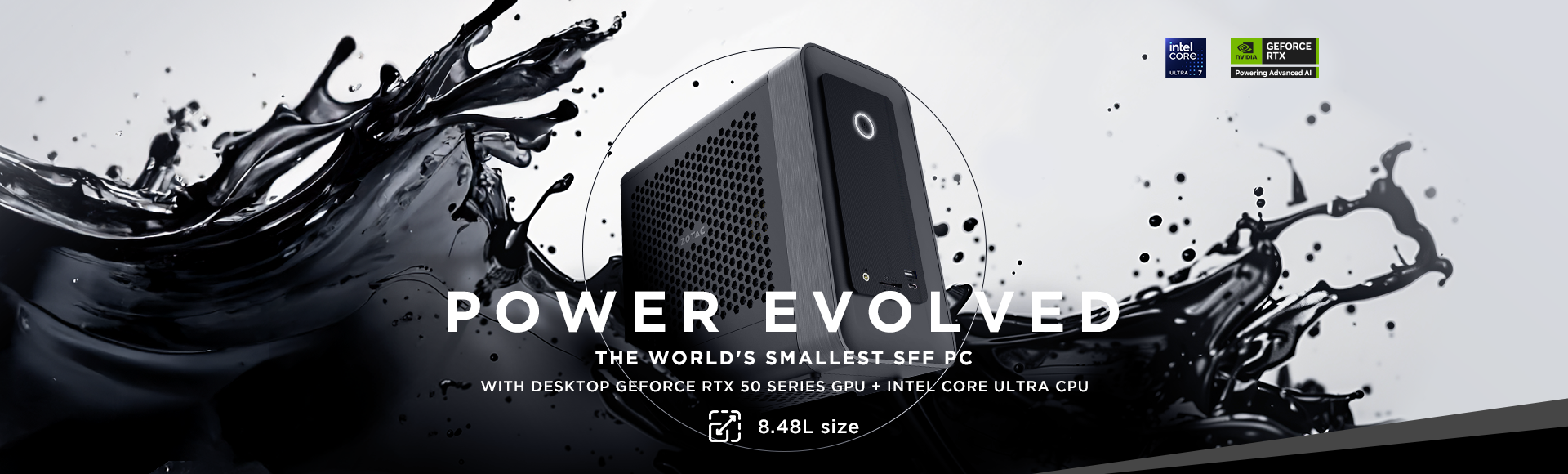 ZOTAC ZBOX MAGNUS ONE EU27507TC 公式キービジュアル — デスクトップ GeForce RTX 5070 Ti 16GB と Core Ultra 7 265 を収めた 8.48L ミニPC