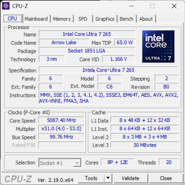 CPU-Z CPUタブ: Intel Core Ultra 7 265 / Arrow Lake / Socket 1851 LGA / 3nm / TDP 65W / 8P+12E 20スレッド / L3 30MB