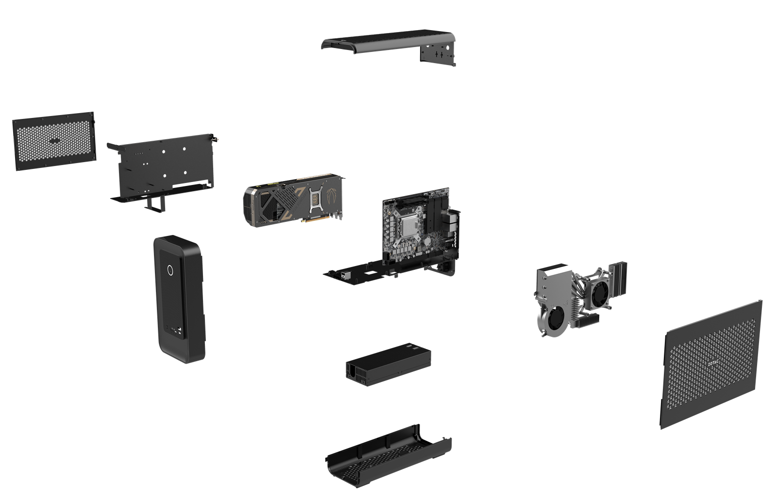 ZBOX MAGNUS ONE ULTRA EU275080C 分解図 — 天板ハニカムメッシュカバー / 左右のメッシュ側板 / GPUブラケット / ZOTAC GAMING GeForce RTX 5080 カード / マザーボード / 前面パネル / 850W内蔵電源ユニット / デュアルブロワーファン＋ヒートパイプのCPUクーラー / 底面トレイ