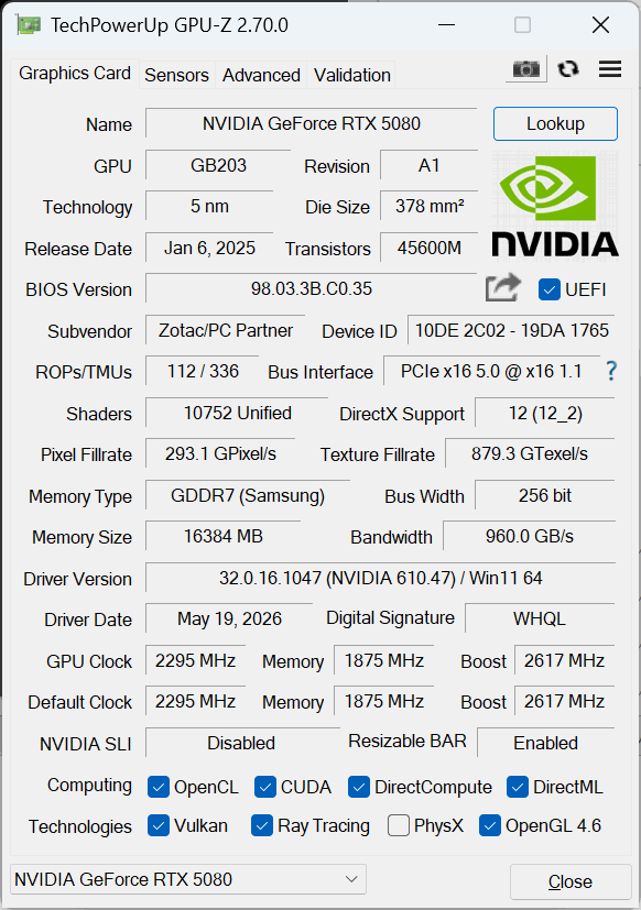 GPU-Z メイン画面: NVIDIA GeForce RTX 5080 / GB203 / 5nm / 16384MB GDDR7 Samsung / 256bit / 10752 Unified シェーダー / Boost 2617MHz / PCIe 5.0 x16 / Resizable BAR 有効 / Driver 610.47
