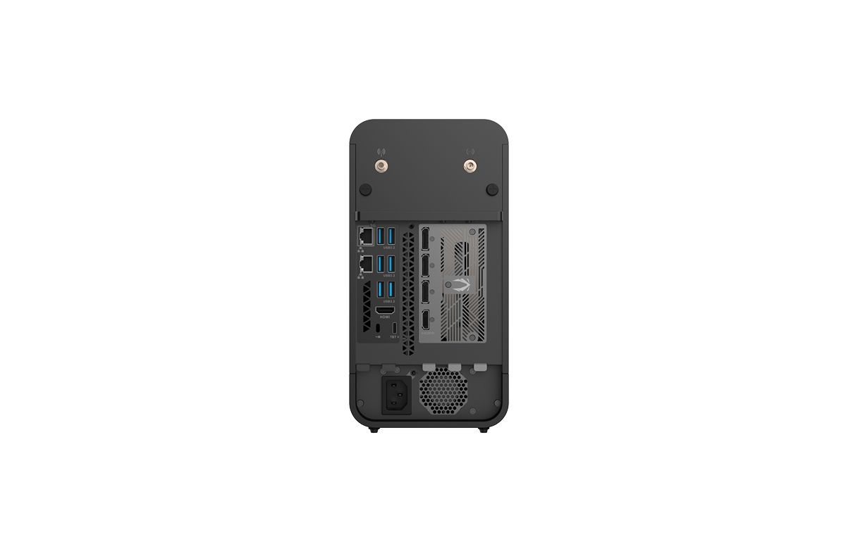 EU275080C 背面I/O: 5GbE+1GbE・USB 3.2 Gen2/3.0・HDMI・Thunderbolt 4・DisplayPort 2.1b×3+HDMI・内蔵PSUの電源インレット