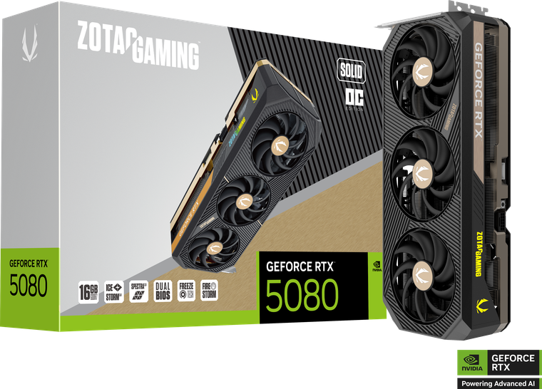 ZOTAC GAMING GeForce RTX 5080 SOLID OC（ZT-B50800J-10P）の製品パッケージとグラフィックスカード本体