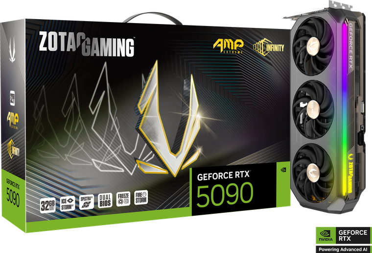 ZOTAC GAMING GeForce RTX 5090 AMP Extreme INFINITY（ZT-B50900B-10P）の製品パッケージとグラフィックスカード本体