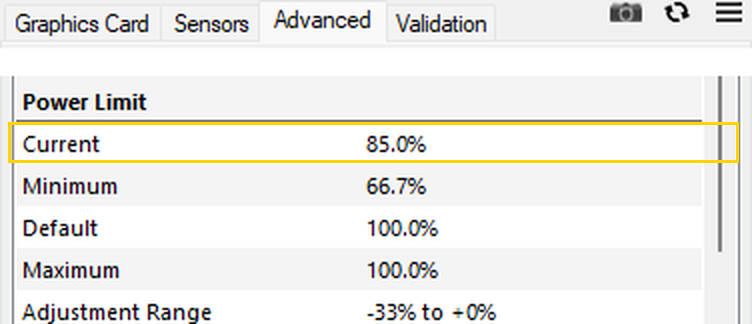 GPU-Z の Advanced タブに表示された RTX 5090 の Power Limit。Current 85.0%、Minimum 66.7%、Default 100.0%、Maximum 100.0%、Adjustment Range -33% to +0%